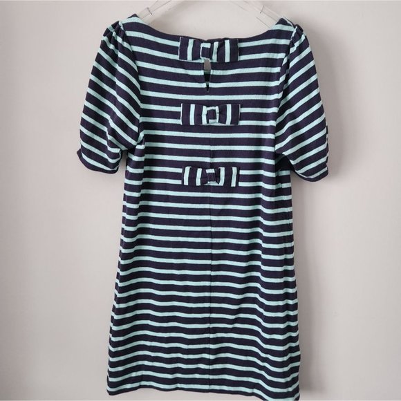 ANTHRO | Postage stamp Bow back striped dress navy blue sz L - Picture 2 of 6